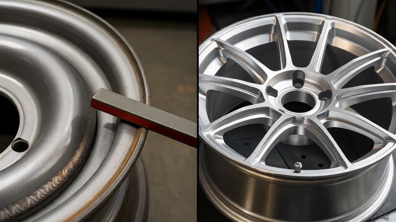 Comparison of a steel wheel with a stuck magnet and an alloy wheel with no reaction.