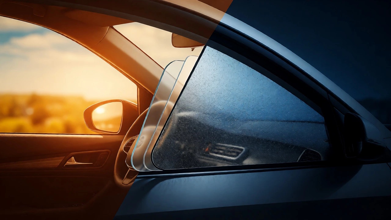 Conceptual illustration of window film layers blocking heat and ensuring visibility
