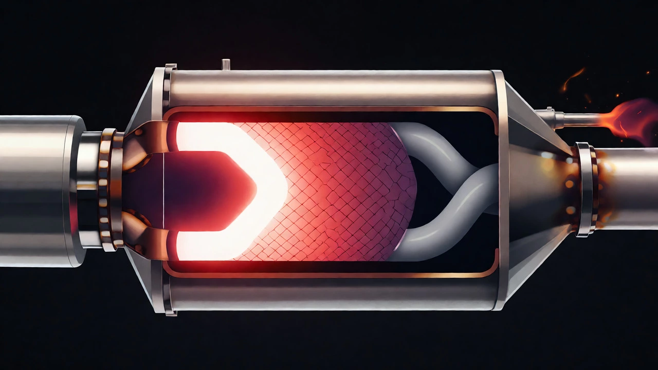 Cross-section of overheating catalytic converter