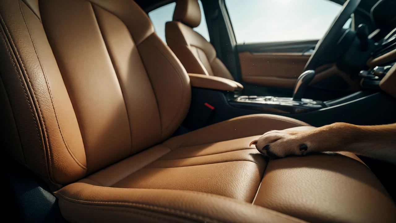 Dog paw resting on tan leather car seat, showing potential for claw damage.
