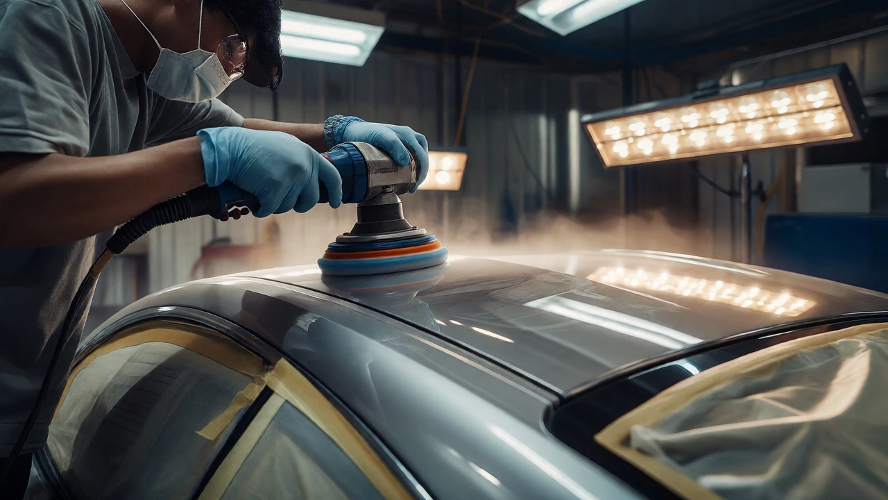 Dual-action polisher correcting paint on a silver car roof under bright workshop lights.