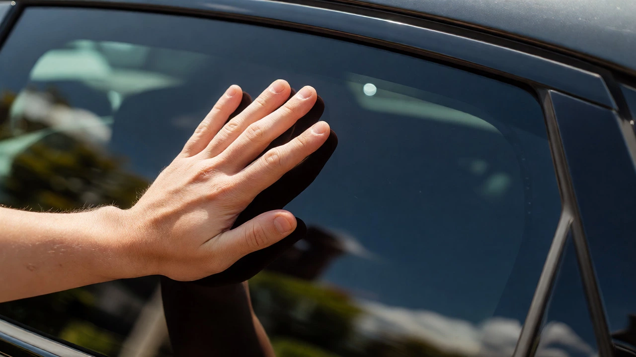 Hand testing the firmness of fully cured dark window tint