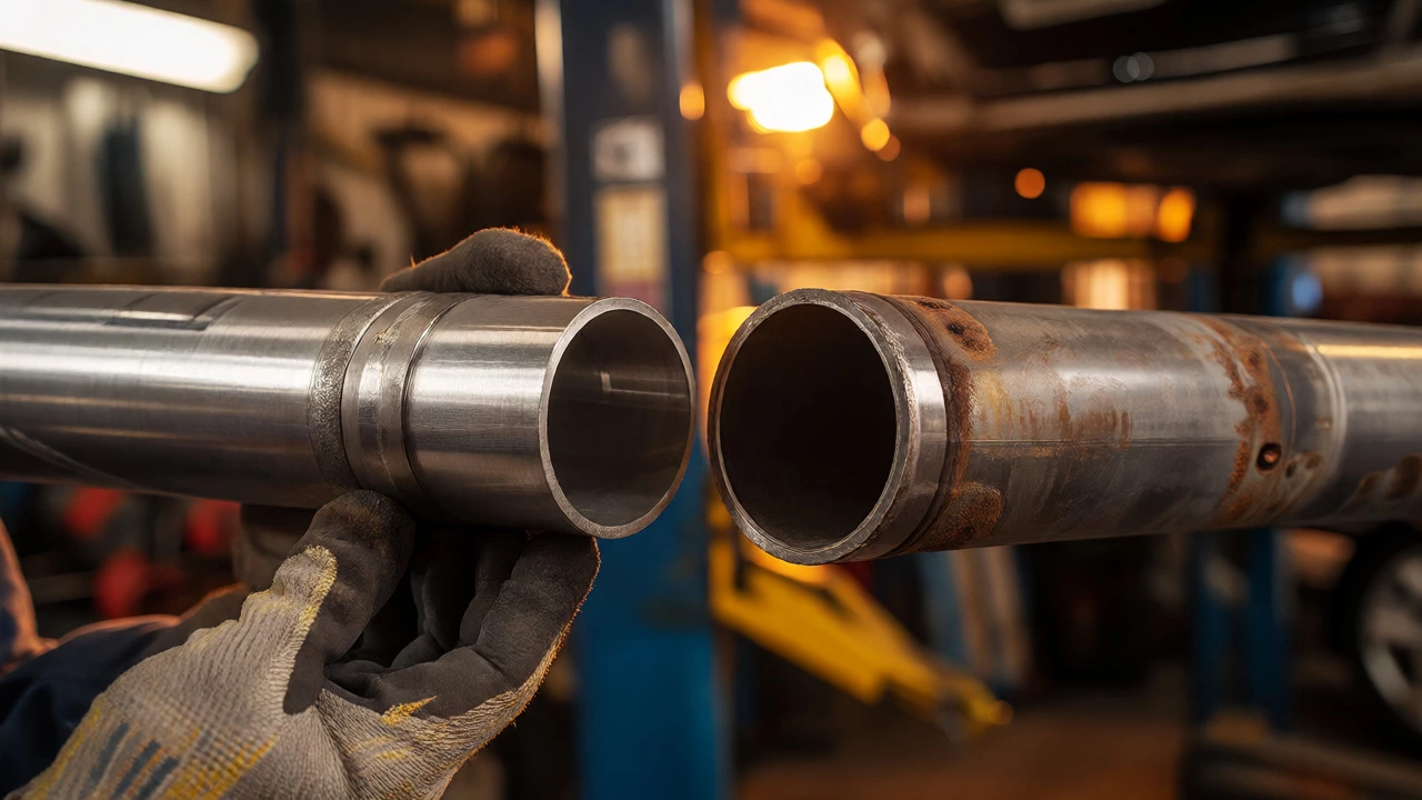 Mechanic comparing rusty and new exhaust pipes