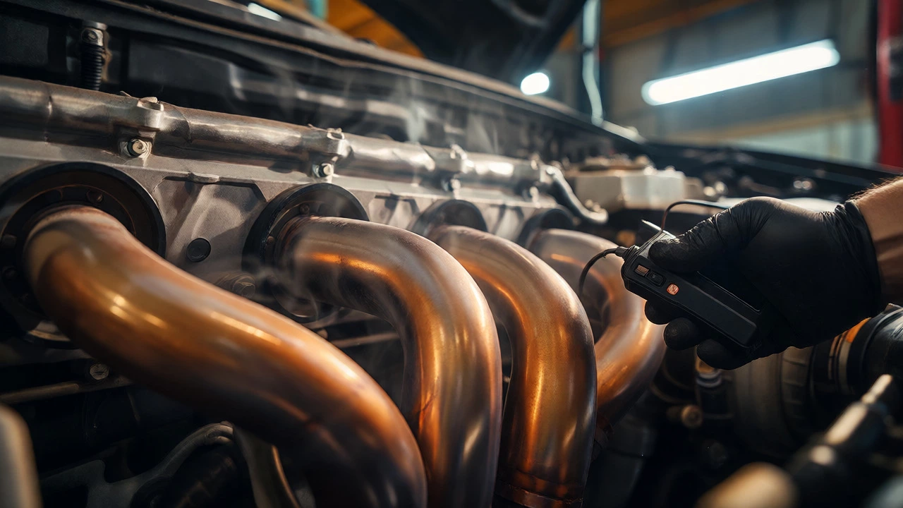 Mechanic inspecting glowing hot exhaust manifold