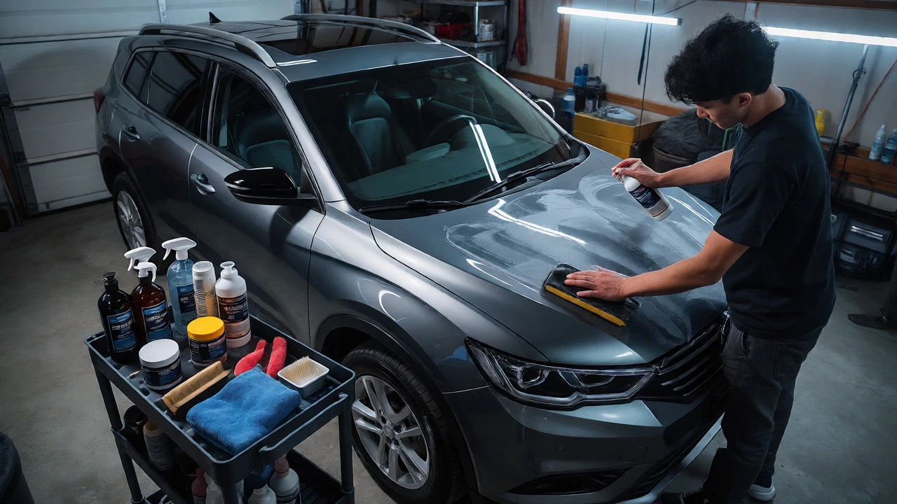 Person using a clay bar on a car hood in a garage filled with detailing supplies.