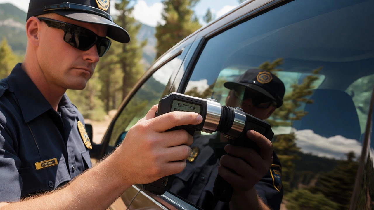 Police officer using a tint meter on a car window in Colorado