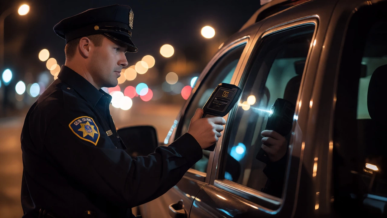 Police officer using a tint meter on a vehicle window at night.