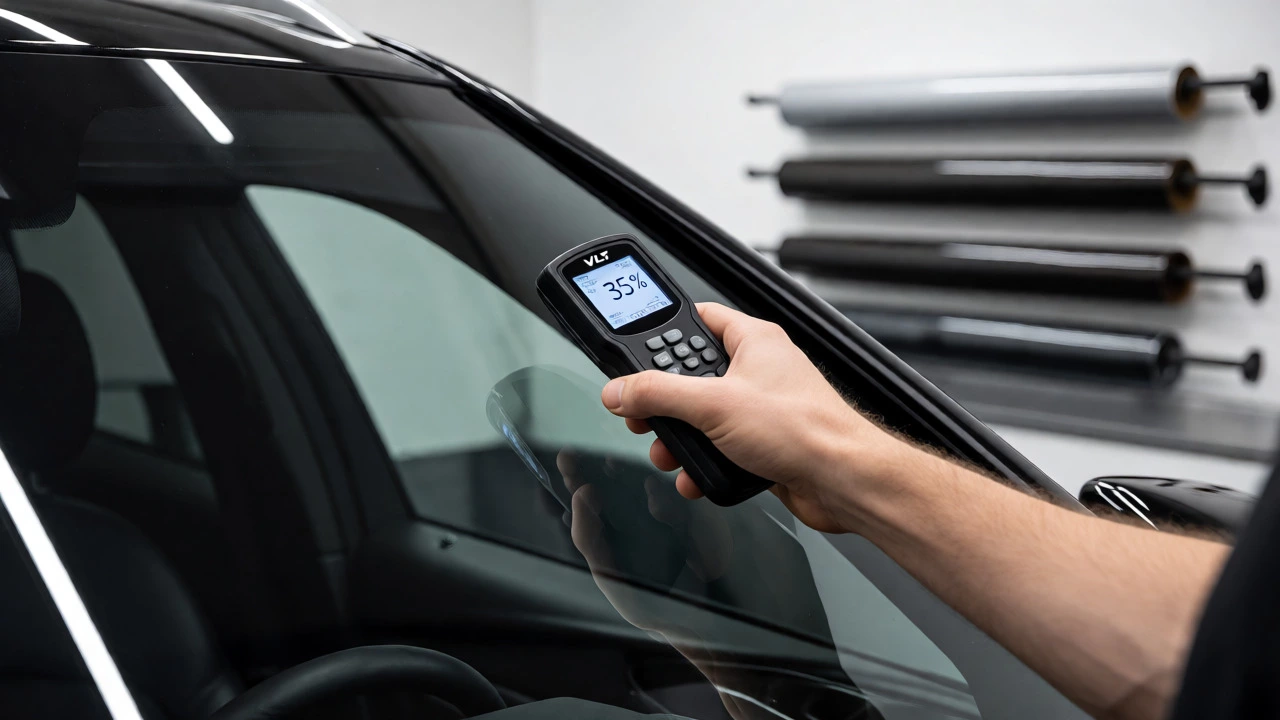 Professional installer using a VLT meter to check window tint darkness in a shop