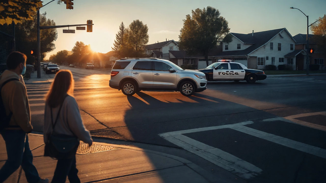 Silver SUV driving past a police car in a city at sunset