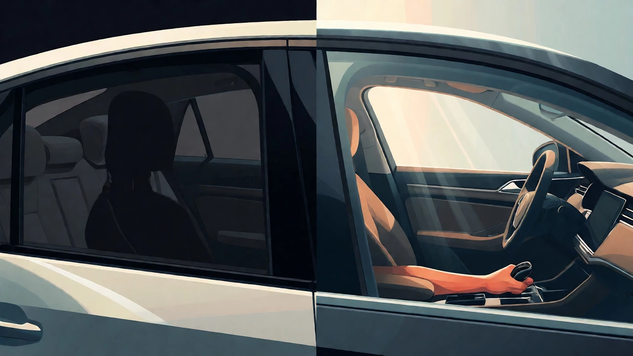 Split view comparing dark limo tint versus clear legal tint on car windows.